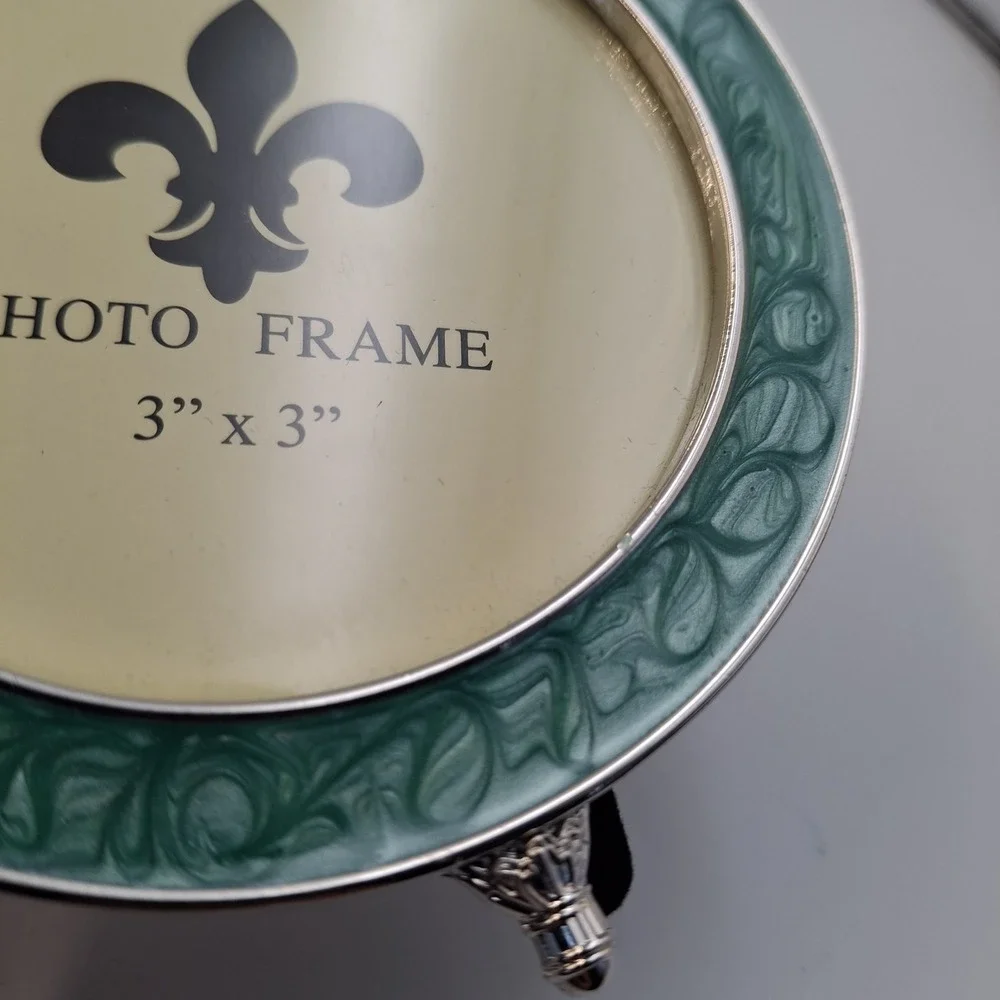 Vintage Fleur De Lis‎ Photo Frame Set Teal Enamel Silver Tone Round Square Mini